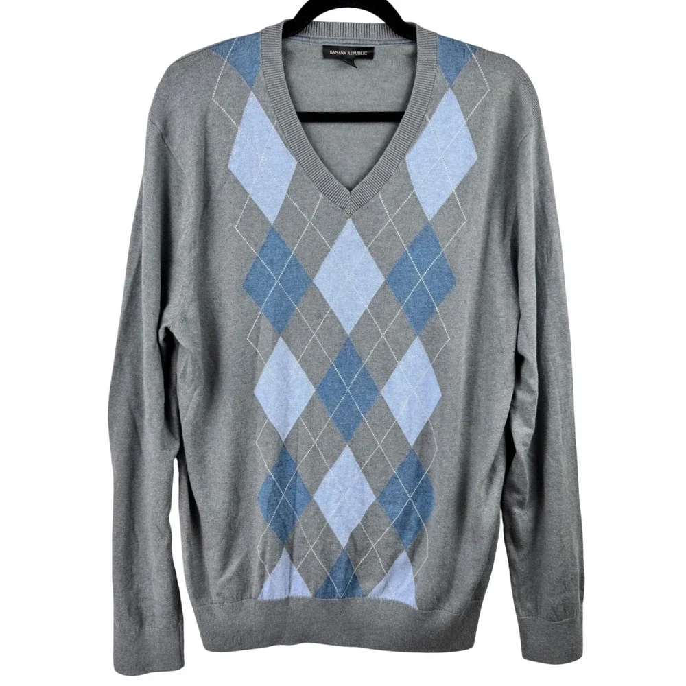Banana Republic Argyle Sweater Mens Large Grey Blue Silk Cashmere V-Neck Preppy